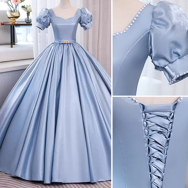 Chic / Beautiful Sky Blue Prom Dresses 2023 Ball Gown Pearl Square Neckline Puffy Short Sleeve Backless Bow Sash Floor-Length / Long Prom Formal Dresses