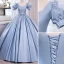 Chic / Beautiful Sky Blue Prom Dresses 2023 Ball Gown Pearl Square Neckline Puffy Short Sleeve Backless Bow Sash Floor-Length / Long Prom Formal Dresses