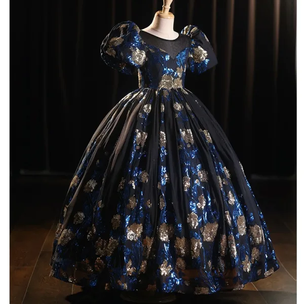 Élégant Bleu Marine Paillettes Anniversaire Robe Ceremonie Fille 2025 Robe Boule Encolure Dégagée Gonflée Manches Courtes Dos Nu Longue