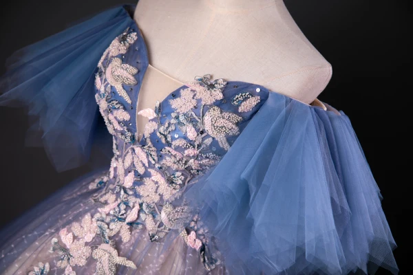 Vintage / Retro Ocean Blue Beading Sequins Prom Dresses 2023 Ball Gown Off-The-Shoulder Short Sleeve Backless Floor-Length / Long Formal Dresses