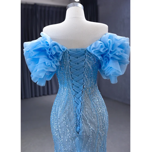High-end Sparkly Sky Blue Glitter Sequins Prom Dresses 2023 Trumpet / Mermaid Off-The-Shoulder Ruffle Short Sleeve Backless Sweep Train Prom Formal Dresses