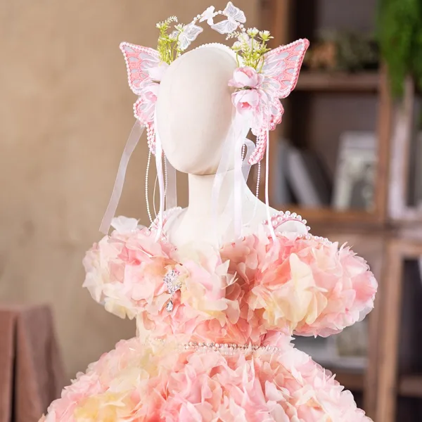 Flower Fairy Blushing Pink Appliques Birthday Flower Girl Dresses 2025 Ball Gown Pearl Spaghetti Straps Puffy Short Sleeve Backless Floor-Length / Long