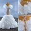 Luxury / Gorgeous White Beading Sequins Cascading Ruffles Wedding Dresses 2022 Trumpet / Mermaid Scoop Neck Short Sleeve Court Train Wedding