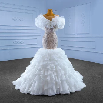 Luxury Gorgeous White Beading Sequins Cascading Ruffles Wedding Dresses 2022 Trumpet Mermaid Scoop Neck Short Sleeve Court Train Wedding
