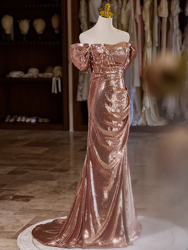 Sexy Sparkly Rose Gold Sequins Beading Pearl Evening Dresses 2024 Trumpet Mermaid Short