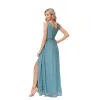 Modest / Simple Pool Blue Split Front Bridesmaid Dresses 2023 A-Line / Princess Chiffon V-Neck Sleeveless Backless Floor-Length / Long Bridesmaid Dresses