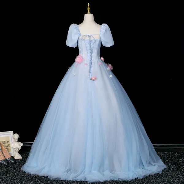 Elegant Sky Blue Appliques Prom Dresses 2025 Ball Gown Square Neckline Puffy Short Sleeve Backless Floor-Length / Long Formal Dresses