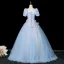 Elegant Sky Blue Appliques Prom Dresses 2025 Ball Gown Square Neckline Puffy Short Sleeve Backless Floor-Length / Long Formal Dresses