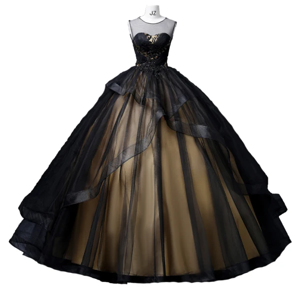 Elegant Black Beading Lace Flower Prom Dresses 2022 Ball Gown Scoop Neck Sleeveless Backless Cascading Ruffles Floor-Length / Long Formal Dresses