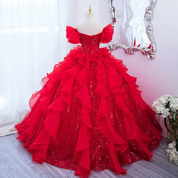 Chic / Beautiful Red Pearl Sequins Cascading Ruffles Prom Dresses 2024 Ball Gown Off-The-Shoulder Short Sleeve Backless Floor-Length / Long Prom Formal Dresses