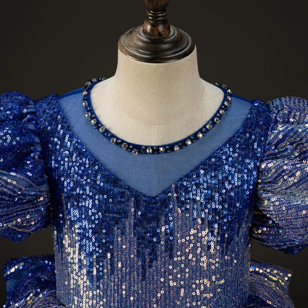 Sparkly Royal Blue Beading Pearl Sequins Rhinestone Birthday Flower Girl Dresses 2023 Ball Gown Scoop Neck Puffy Short Sleeve Floor-Length / Long