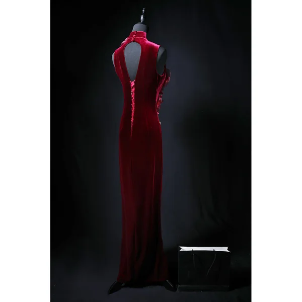 Vintage / Retro Burgundy Appliques Velvet Prom Dresses 2024 Trumpet / Mermaid High Neck Sleeveless Backless Floor-Length / Long Prom Formal Dresses