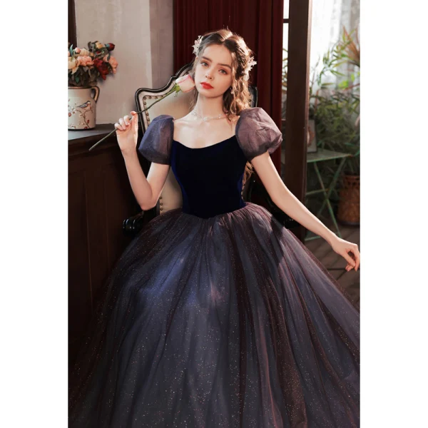 Elegant Purple Suede Sequins Prom Dresses 2022 A-Line / Princess Square Neckline Puffy Short Sleeve Backless Floor-Length / Long Prom Formal Dresses