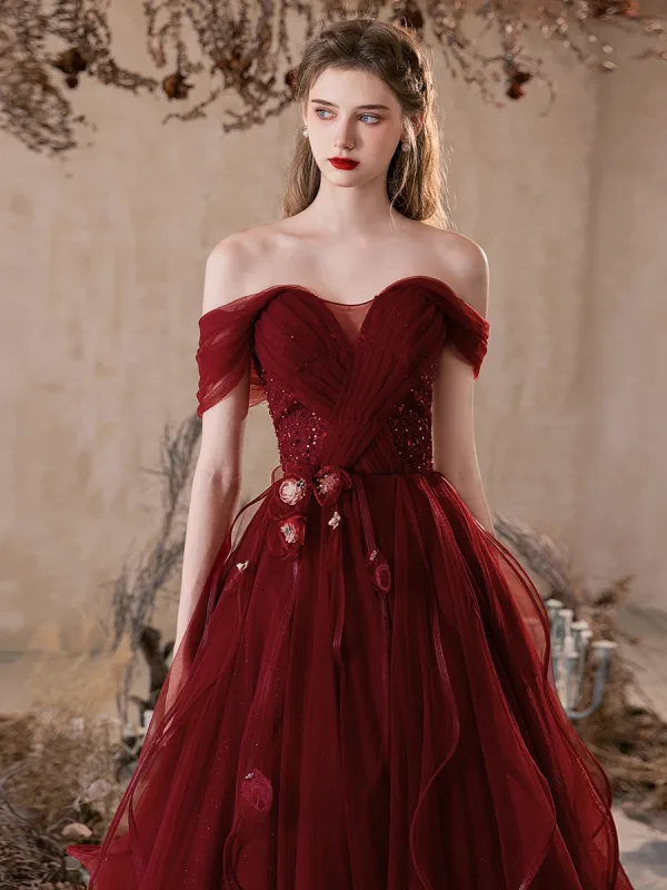 Chic / Belle Bordeaux Appliques Paillettes Volants en Cascade Robe De Bal 2025 Princesse De l'épaule Manches Courtes Dos Nu Longue Robe De Ceremonie
