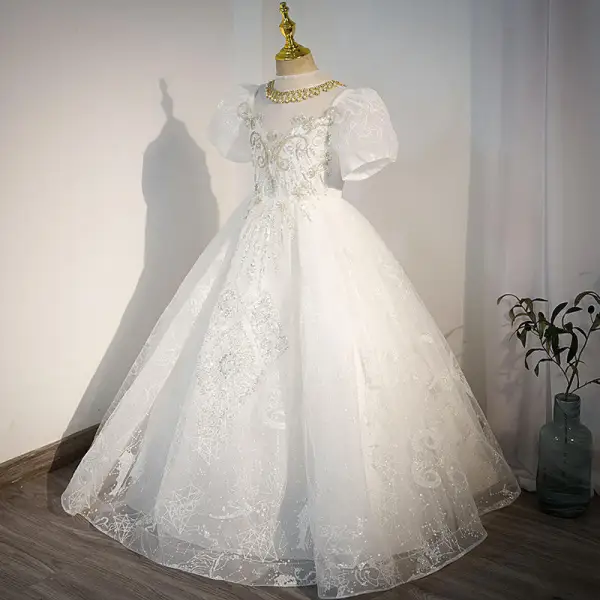 Charming White Rhinestone Sequins Pearl Birthday Flower Girl Dresses 2022 Ball Gown Scoop Neck Puffy Short Sleeve Floor-Length / Long Flower Girl Dresses