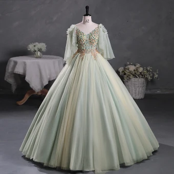 Élégant Vert Cendré Perlage Appliques Robe De Bal 2023 V Cou Manches Courtes Dos Nu Longue Promo Robe De Ceremonie