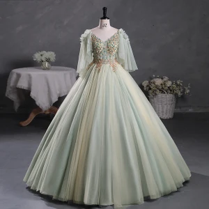 Elegantes Verde Salvia Rebordear Apliques Vestidos De Gala 2023 V Cuello Manga Corta Sin Espalda Largos Gala Vestidos Formales