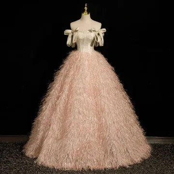 Charmant Champagne Paillettes Gland Robe De Bal 2023 Robe Boule De L Épaule Sans Manches Dos Nu Noeud Longue Promo Robe De Ceremonie