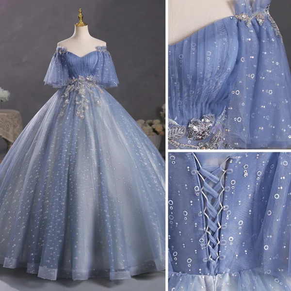 Schöne Meeresblau Perlenstickerei Ballkleider 2023 Ballkleid Off Shoulder Kurze Ärmel Rückenfreies Lange Ball Festliche Kleider