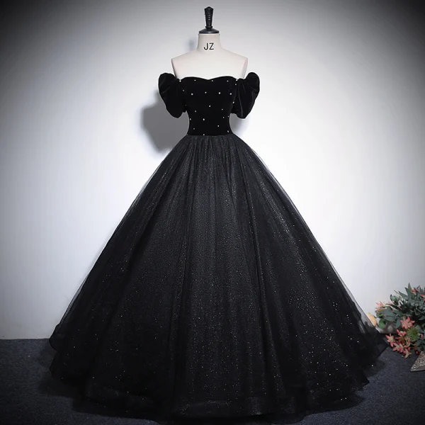 Audrey Hepburn Style Black Glitter Rhinestone Prom Dresses 2024 Ball Gown Square Neckline Short Sleeve Backless Floor-Length / Long Prom Formal Dresses