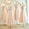 Chic / Beautiful Blushing Pink Beading Bridesmaid Dresses 2023 A-Line / Princess Short Sleeve Backless Sash Floor-Length / Long Bridesmaid Dresses