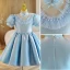 Chic / Beautiful Sky Blue Glitter Short Flower Girl Dresses 2022 A-Line / Princess Scoop Neck Pearl Short Sleeve Birthday Flower Girl Dresses
