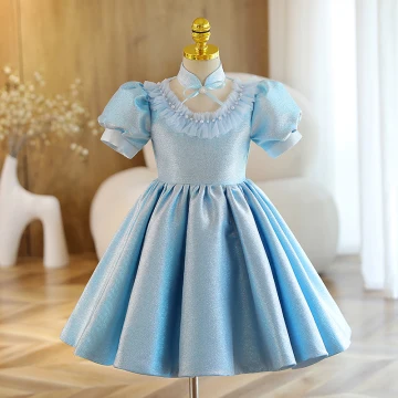 Chic Beautiful Sky Blue Glitter Short Flower Girl Dresses 2022 A Line Princess Scoop Neck Pearl Short Sleeve Birthday Flower Girl Dresses