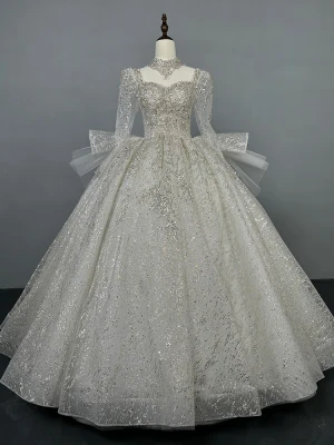 Sparkly White Beading Glitter Sequins Wedding Dresses 2024 Ball Gown Square Neckline Long Sleeve Backless Floor Length Long Wedding