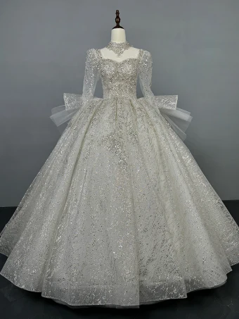 Sparkly White Beading Glitter Sequins Wedding Dresses 2024 Ball Gown Square Neckline Long Sleeve Backless Floor Length Long Wedding