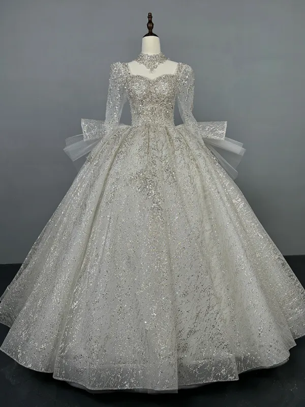 Sparkly White Beading Glitter Sequins Wedding Dresses 2024 Ball Gown Square Neckline Long Sleeve Backless Floor-Length / Long Wedding