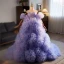Fashion Lavender Ruffle Prom Dresses 2024 Ball Gown Strapless Puffy Short Sleeve Backless Sweep Train Prom Formal Dresses