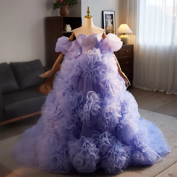 Fashion Lavender Ruffle Prom Dresses 2024 Ball Gown Strapless Puffy Short Sleeve Backless Sweep Train Prom Formal Dresses