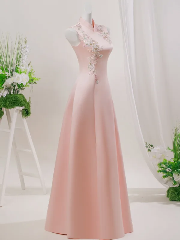 Chinese style Blushing Pink Beading Lace Flower Prom Dresses 2026 A-Line / Princess Floor-Length / Long Polyester High Neck Prom Sleeveless Formal Dresses