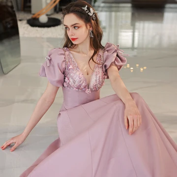 Elegant Blushing Pink Prom Dresses 2022 A Line Princess V Neck Beading Pearl Sequins Puffy Short Sleeve Backless Floor Length Long Prom Formal Dresses