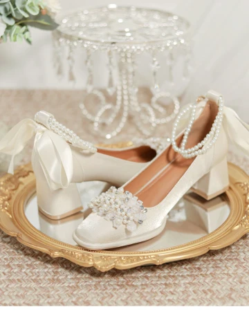 Vintage Originale Beige Perle Bride Cheville Faux Diamant Satin Chaussure De Mariée 2024 5 Cm Talons Épais Pied Carré Mariage Escarpins Talons Hauts