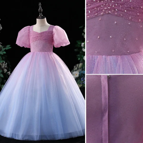 Charmant Dégradé De Couleur Rougissant Rose Anniversaire Robe Ceremonie Fille 2022 Robe Boule Encolure Carrée Perlage Paillettes Gonflée Manches Courtes Longue Robe Ceremonie Fille