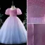Charmant Dégradé De Couleur Rougissant Rose Anniversaire Robe Ceremonie Fille 2022 Robe Boule Encolure Carrée Perlage Paillettes Gonflée Manches Courtes Longue Robe Ceremonie Fille