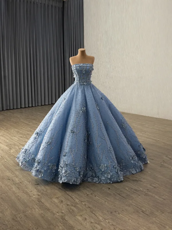 Luxury / Gorgeous Flower Fairy Pool Blue Handmade  Beading Pearl Sequins Appliques Prom Dresses 2025 Ball Gown Strapless Sleeveless Backless Floor-Length / Long