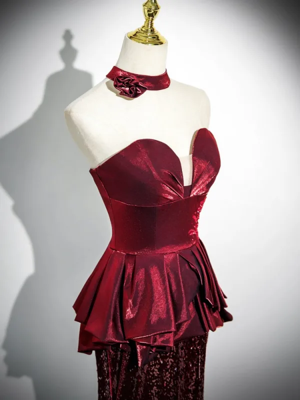 Sexy Bordeaux Paillettes Trompette / Sirène Robe De Bal 2024 Bustier Manches Courtes Dos Nu Train De Balayage Promo Robe De Ceremonie