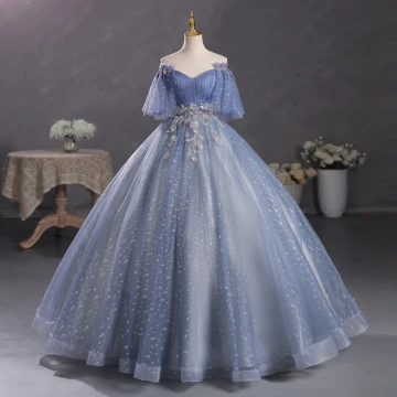 Chic Beautiful Ocean Blue Beading Prom Dresses 2023 Ball Gown Off The Shoulder Short Sleeve Backless Floor Length Long Prom Formal Dresses
