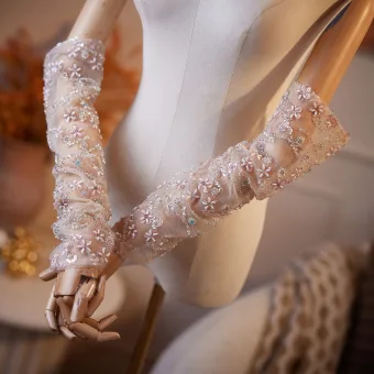 Piękne Szampan Frezowanie Rhinestone Cekiny Ślub Rękawiczki Ślubne 2026 Tiulowe