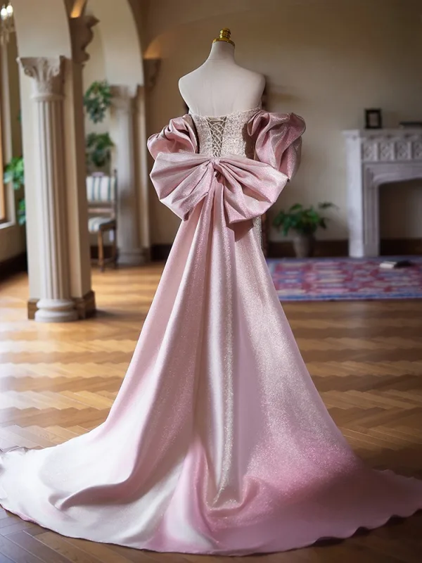 Charmant Rougissant Rose Perlage Faux Diamant Robe De Bal 2024 Trompette / Sirène Encolure Dégagée Manches Courtes Dos Nu Noeud Longue Promo Robe De Ceremonie