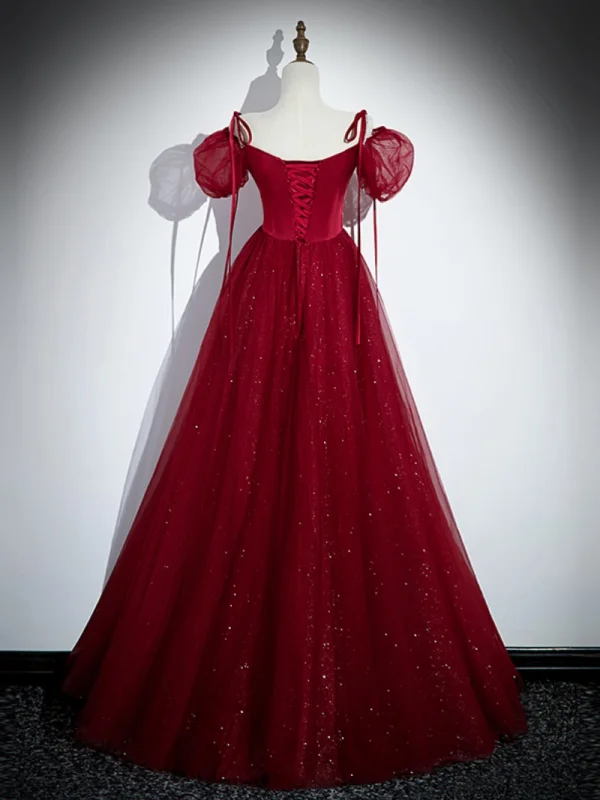 Chic / Belle Bordeaux Paillettes Robe De Bal 2023 Princesse Faux Diamant Bretelles Spaghetti Gonflée Manches Courtes Dos Nu Longue Promo Robe De Ceremonie
