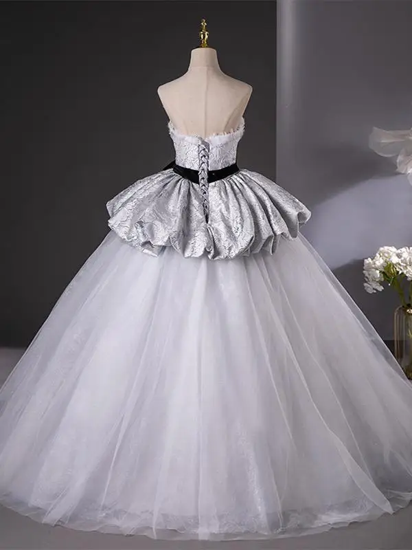 Elegant Grey Bow Sash Printing Prom Dresses 2025 Ball Gown Strapless Sleeveless Backless Floor-Length / Long Prom Formal Dresses