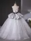 Elegant Grey Bow Sash Printing Prom Dresses 2025 Ball Gown Strapless Sleeveless Backless Floor-Length / Long Prom Formal Dresses
