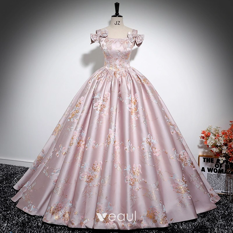 Elegant Beige Lace Flower Bow Satin Prom Dresses 2024 Ball Gown Square  Neckline Sleeveless Backless Floor-Length / Long Prom Formal Dresses