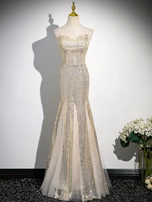 Sexy Glitter Champagne Pailletten Avondjurken 2024 Trompet Zeemeermin Spaghettibandjes Mouwloos Ruglooze Lange Avond Gelegenheid Jurken