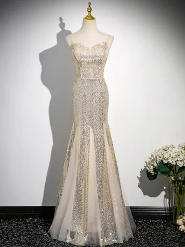 Sexy Sparkly Champagne Sequins Evening Dresses 2024 Trumpet Mermaid Spaghetti Straps Sleeveless Backless Floor Length Long Evening Party Formal Dresses