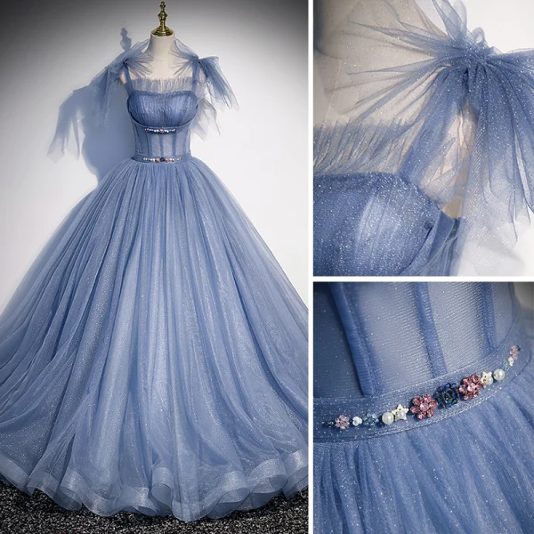 Chic / Beautiful Sky Blue Rhinestone Pearl Sequins Prom Dresses 2022 A-Line / Princess Square Neckline Sleeveless Backless Floor-Length / Long Prom Formal Dresses