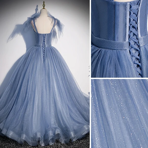 Chic / Beautiful Sky Blue Rhinestone Pearl Sequins Prom Dresses 2022 A-Line / Princess Square Neckline Sleeveless Backless Floor-Length / Long Prom Formal Dresses